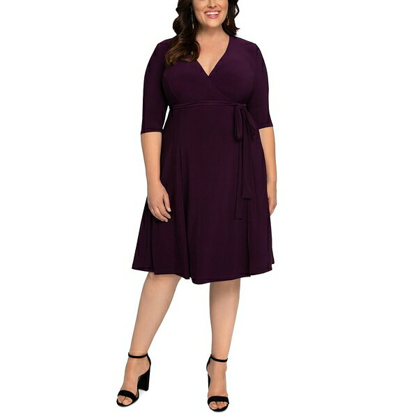 キヨナ レディース ワンピース トップス Plus Size Essential Wrap Dress with 3/4 Sleeves Plum passion