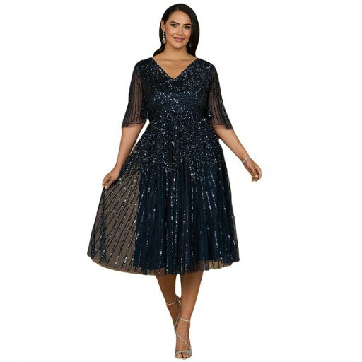 ララ レディース ワンピース トップス Women's Flowing, Sequin Midi Dress with Short Sleeves Navy ララ レディース ワンピース トップス Women's Flowing, Sequin Midi Dress with Short Sleeves Navy
