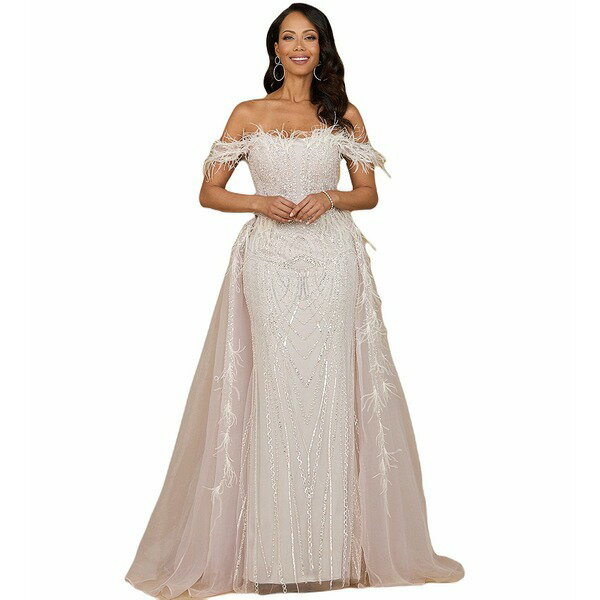 ララ レディース ワンピース トップス Women's Off Shoulder Gown with Feathers Powder pink