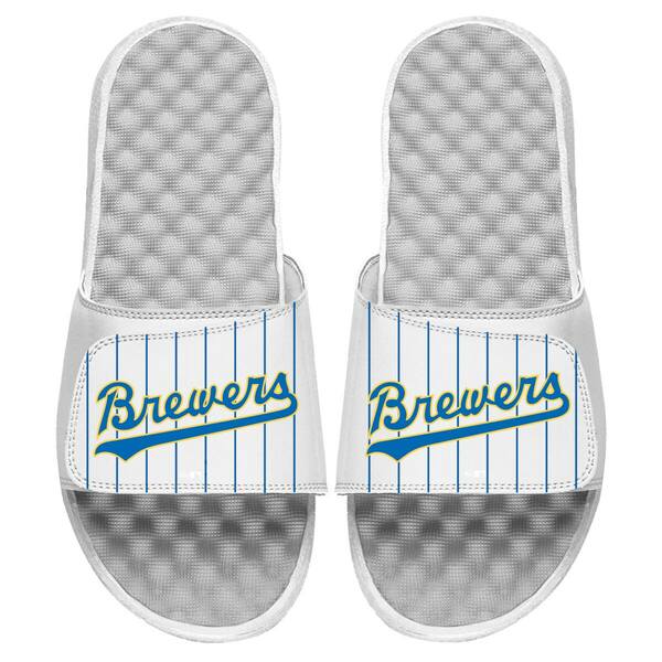 アイスライド メンズ サンダル シューズ Milwaukee Brewers ISlide Cooperstown Pinstripe Logo Slide Sandals White