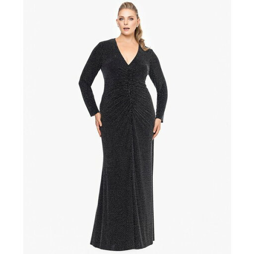 エスケープ レディース ワンピース トップス Plus Size Shimmer Center-Ruched V-Neck Gown Black/Silver エスケープ レディース ワンピース トップス Plus Size Shimmer Center-Ruched V-Neck Gown Black/Silver