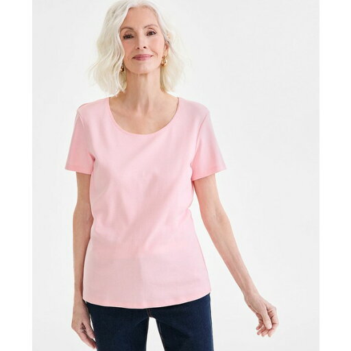 スタイルアンドコー レディース カットソー トップス Women's Cotton Short-Sleeve Scoop-Neck Top, PXS-4X, Created for Macy's Peachy Pink スタイルアンドコー レディース カットソー トップス Women's Cotton Short-Sleeve Scoop-Neck Top, PXS-4X, Created for Macy's Peachy Pink