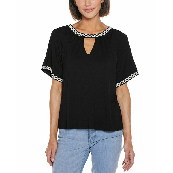 ベルディーニ レディース カットソー トップス Women's Crochet Trim Short Sleeve Knit Top Black