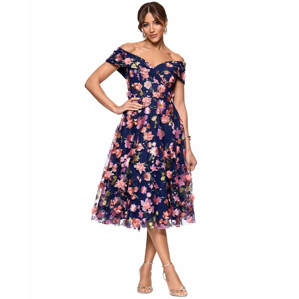 エスケープ レディース ワンピース トップス Women's Off-The-Shoulder Embroidered Floral Dress Navy/Coral