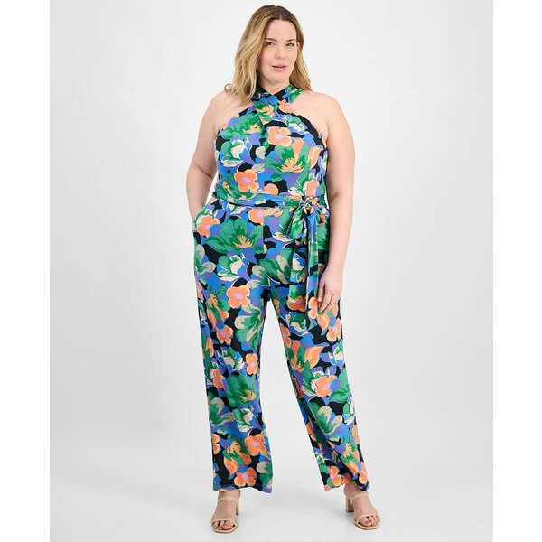 タハリエーエスエル レディース ワンピース トップス Tahari Plus Size Twist Halter-Neck Jersey Jumpsuit Black/Orange
