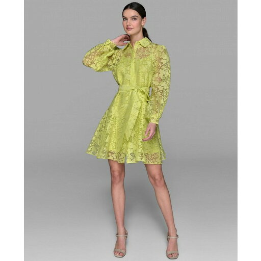 カールラガーフェルド レディース ワンピース トップス Women's Organza Burnout Fit & Flare Shirtdress Citrus Green カールラガーフェルド レディース ワンピース トップス Women's Organza Burnout Fit & Flare Shirtdress Citrus Green