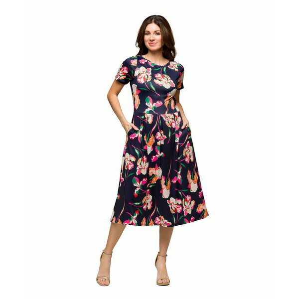 24セブンコンフォート レディース ワンピース トップス Women's Navy Floral Short Sleeve Pleated Flare Midi Pocket Dress Navy Multi