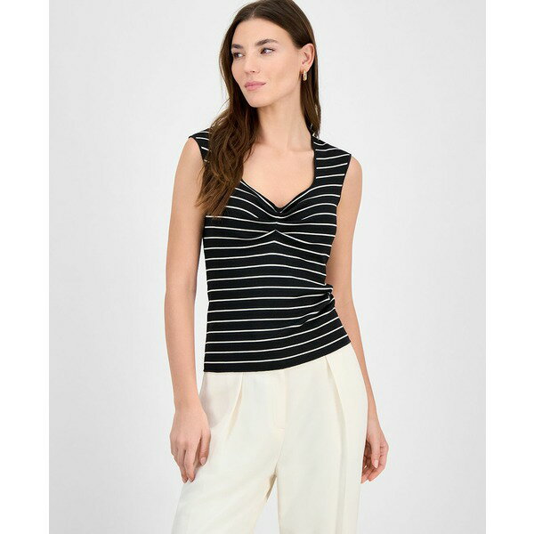バースリー レディース カットソー トップス Women's Striped Knit Sweetheart-Neck Top, Exclusively at Macy's Black/Bar White