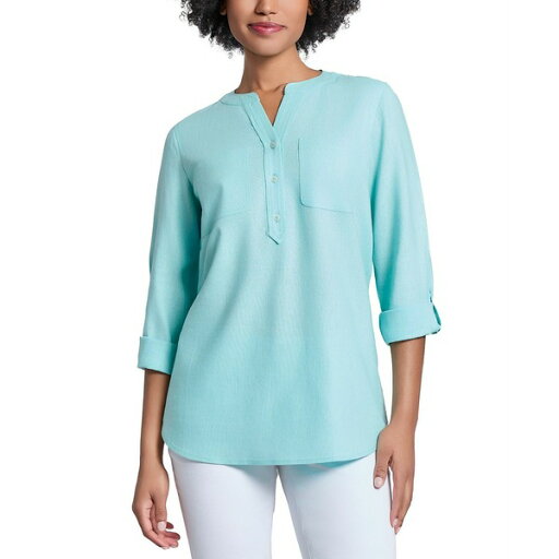 ジョーンズニューヨーク レディース カットソー トップス Petite Split-Neck Roll-Tab-Sleeve Top Aqua Mist ジョーンズニューヨーク レディース カットソー トップス Petite Split-Neck Roll-Tab-Sleeve Top Aqua Mist