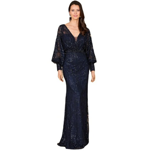 ララ レディース ワンピース トップス Women's Long Bishop Sleeve Lace Gown Navy ララ レディース ワンピース トップス Women's Long Bishop Sleeve Lace Gown Navy
