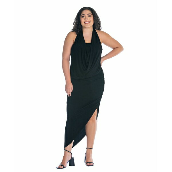 24セブンコンフォート レディース ワンピース トップス Plus Size Cowl Neck Long Asymmetrical Backless Halter Dress Black