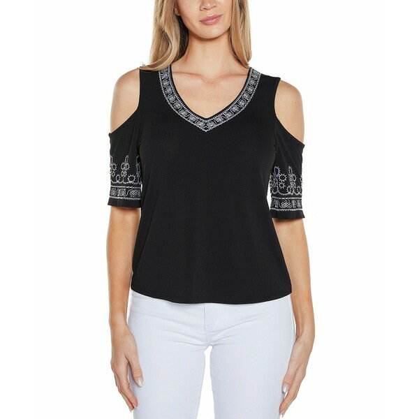 ベルディーニ レディース カットソー トップス Women's Embroidered Cold-Shoulder Knit Top Black Multi
