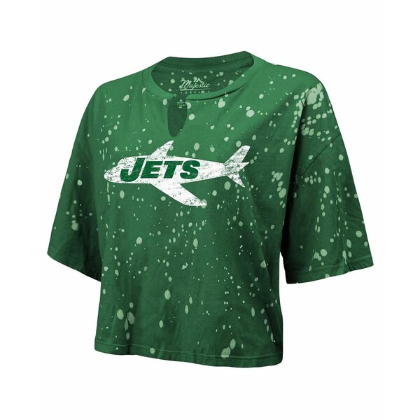 マジェスティック レディース Tシャツ トップス Women 039 s Threads Green Distressed New York Jets Bleach Splatter Notch Neck Crop T-shirt Green