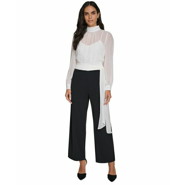 カルバンクライン レディース ワンピース トップス Women's Mock-Neck Chiffon-Top Straight-Leg Jumpsuit Cream Black