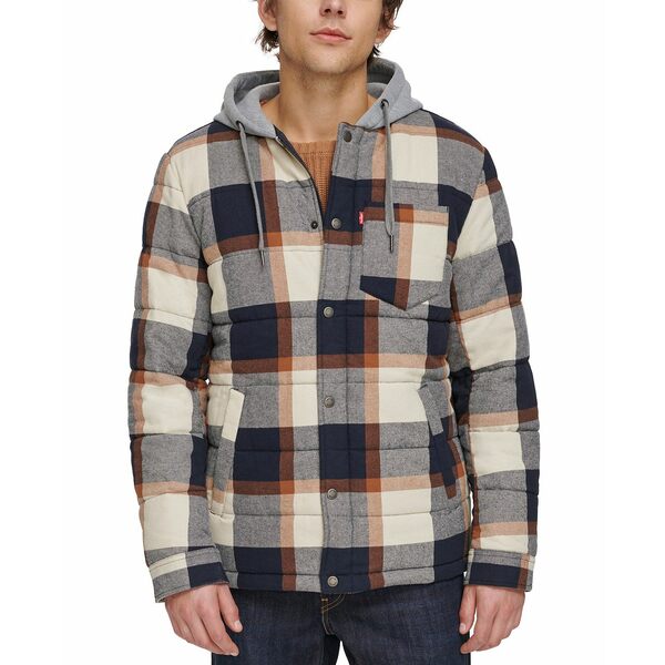 リーバイス メンズ ジャケット&ブルゾン アウター Men's Plaid Quilted Hooded Shirt Jacket Brn Putty