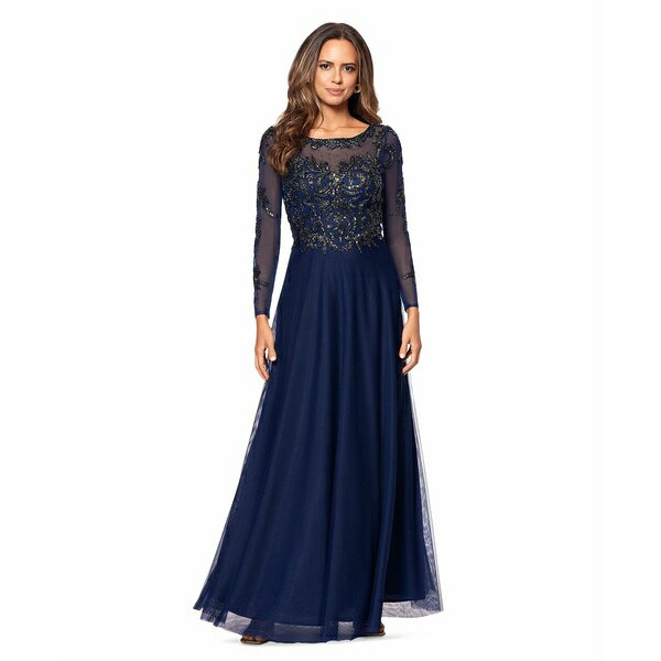 エスケープ レディース ワンピース トップス Women's Boat-Neck Chiffon Fit & Flare Gown Navy