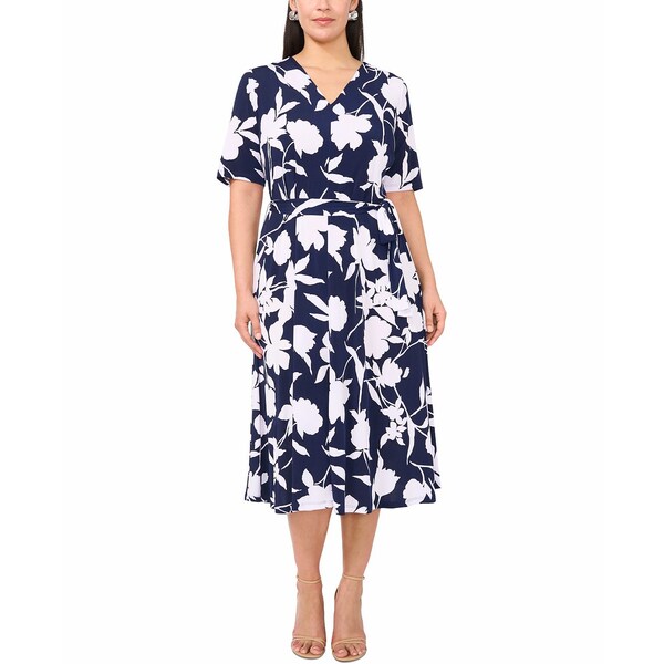ミスク レディース ワンピース トップス Plus Size Printed Short-Sleeve Midi Dress Jbs Navy