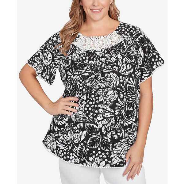 ルビーロード レディース カットソー トップス Plus Size Batik Island Paisley Lace Neck Top Black/White