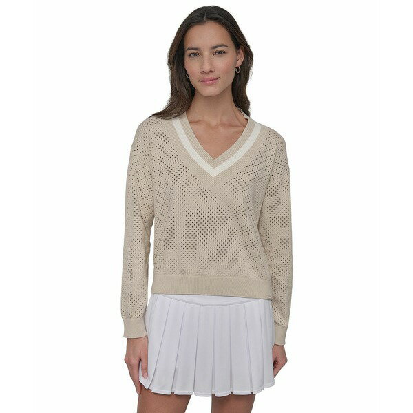 ダナ キャラン ニューヨーク レディース カットソー トップス Women's Open-Knit Mesh Striped V-Neck Sweater Light City Khaki