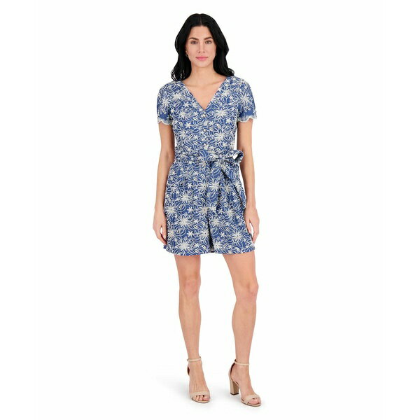 ケンジー レディース ワンピース トップス Women's Eyelet Short-Sleeve Belted Romper Chambray/ivory
