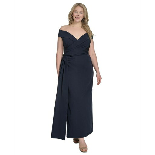 エリザジェイ レディース ワンピース トップス Plus Size Off-The-Shoulder Sweetheart Side-Split Gown Navy エリザジェイ レディース ワンピース トップス Plus Size Off-The-Shoulder Sweetheart Side-Split Gown Navy