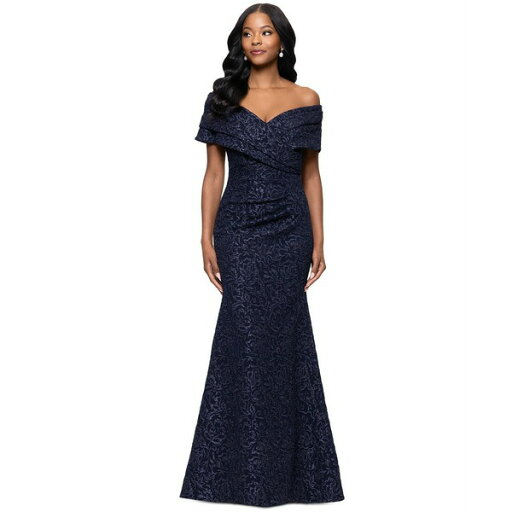 ベッツィ アンド アダム レディース ワンピース トップス Women's Off-The-Shoulder Brocade Gown Navy ベッツィ アンド アダム レディース ワンピース トップス Women's Off-The-Shoulder Brocade Gown Navy
