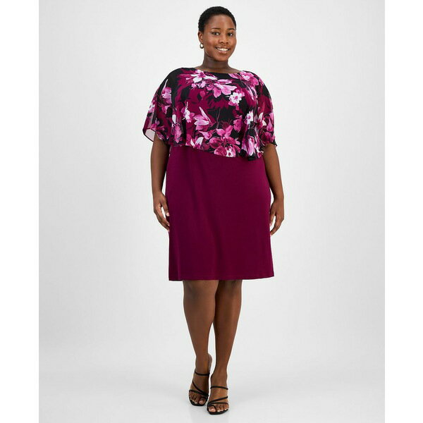 コネクテッド レディース ワンピース トップス Plus Size Floral-Print Capelet Sheath Dress Magenta