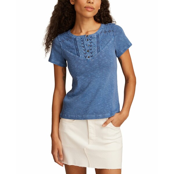 ラッキーブランド レディース カットソー トップス Women's Cotton Cutwork Henley Tee True Navy