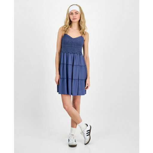 ピンク ローズ レディース ワンピース トップス Juniors' Crochet-Bodice Tiered Mini Dress Dusty Indigo ピンク ローズ レディース ワンピース トップス Juniors' Crochet-Bodice Tiered Mini Dress Dusty Indigo