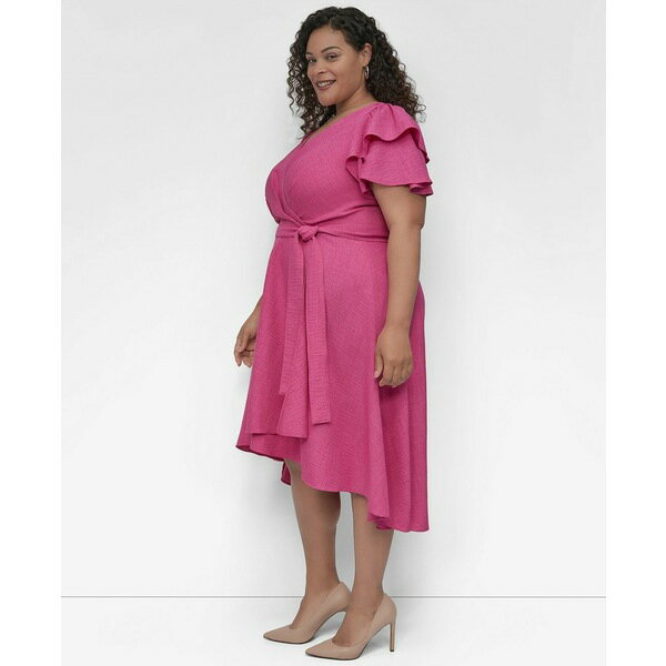 ダナ キャラン ニューヨーク レディース ワンピース トップス Plus Size Surplice Flutter-Sleeve Fit & Flare Dress Vivid Pink