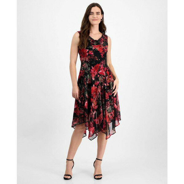 ロビービー レディース ワンピース トップス Robbe Bee Petite Floral Cowlneck Asymmetric-Hem Midi Dress Black Multi