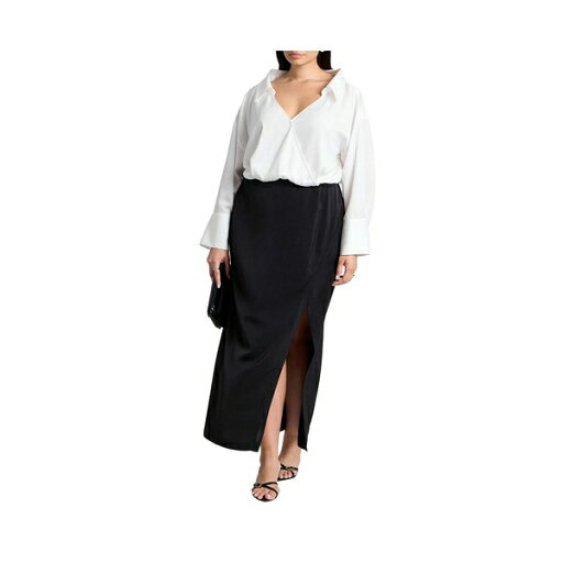 エロクイ レディース ワンピース トップス Women's Plus Size Collared Satin Column Dress Black and cream エロクイ レディース ワンピース トップス Women's Plus Size Collared Satin Column Dress Black and cream