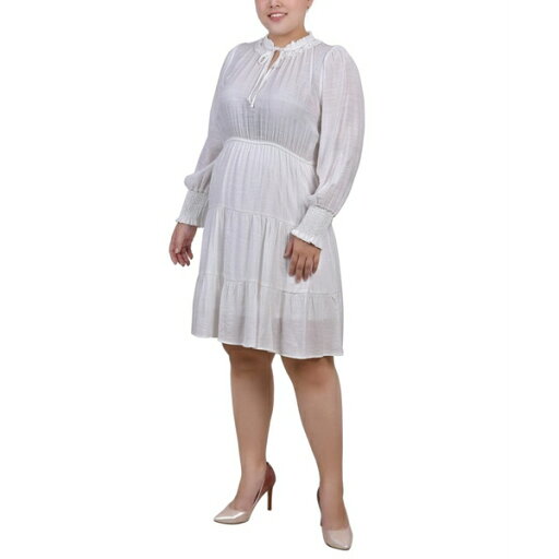 ニューヨークコレクション レディース ワンピース トップス Plus Size Long Sleeve Tiered Dress with Ruffled Neck White ニューヨークコレクション レディース ワンピース トップス Plus Size Long Sleeve Tiered Dress with Ruffled Neck White
