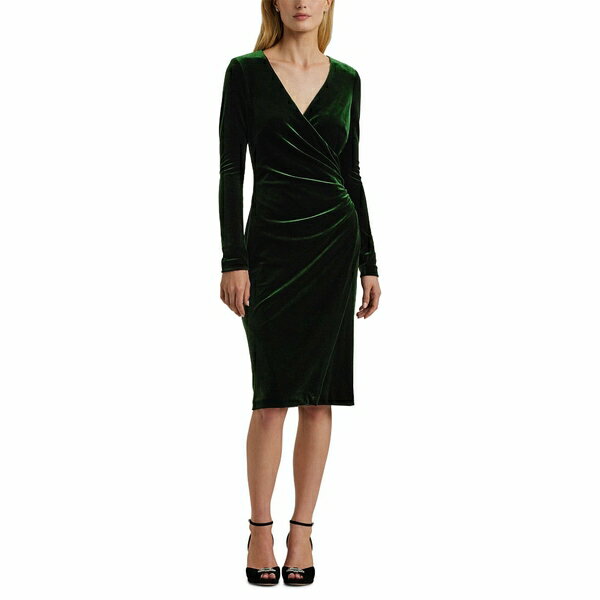 ե ǥ ԡ ȥåץ Stretch Velvet Surplice Dress Emerald Green V...