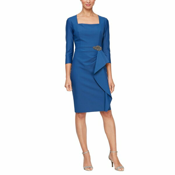 アレックスイブニングス レディース ワンピース トップス Short Compression Dress with 3/4 Sleeves and Hip Embellishment Indigo