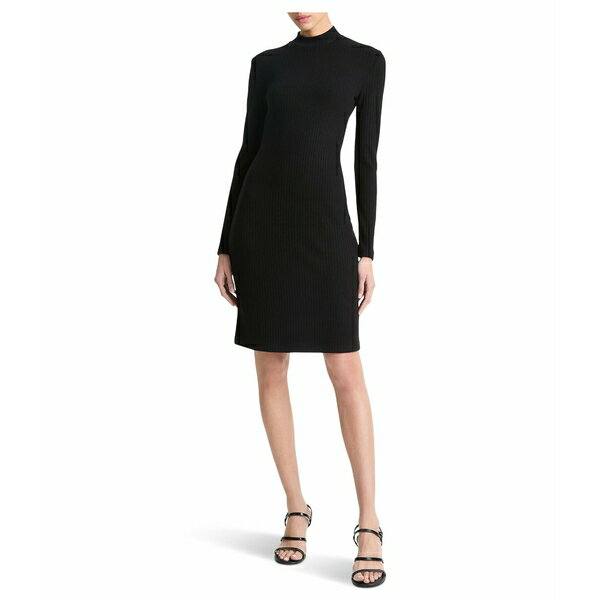 ヴィンス レディース ワンピース トップス Ribbed Long Sleeve Short Dress Black