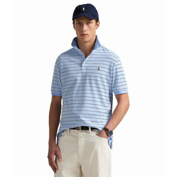 ե   ȥåץ Classic Fit Striped Soft Cotton Polo Office Blue ...