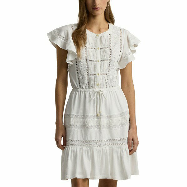 ラルフローレン レディース ワンピース トップス Lace-Trim Jersey Flutter-Sleeve Dress White