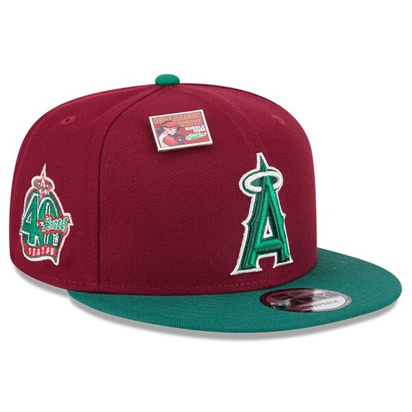 j[G Y Xq ANZT[ Los Angeles Angels New Era Strawberry Big League Chew Flavor Pack 9FIFTY Snapback Hat Cardinal/ Green