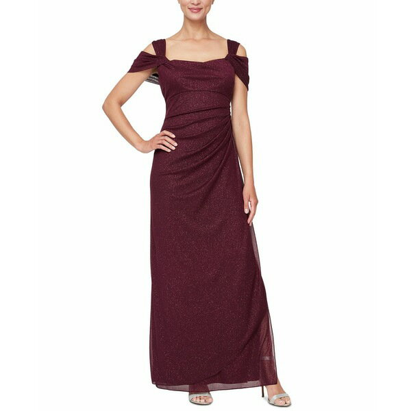 アレックスイブニングス レディース ワンピース トップス Alex s Cold-Shoulder Draped Metallic Gown, 4P-18 Fig