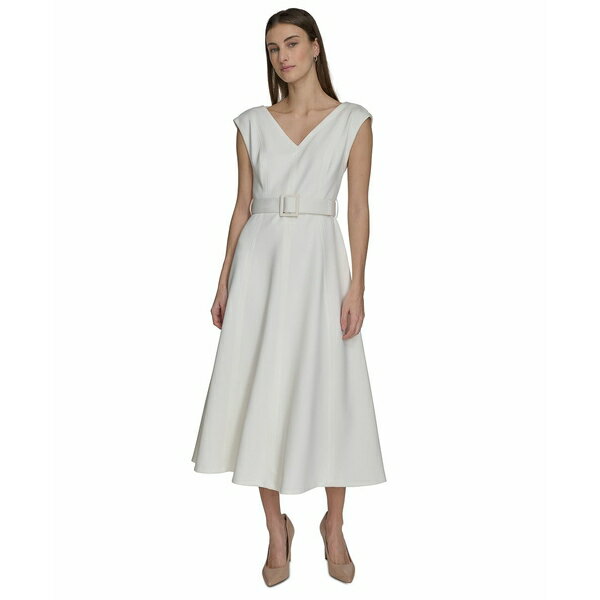 カルバンクライン レディース ワンピース トップス Women's V-Neck Belted A-Line Scuba Dress Cream