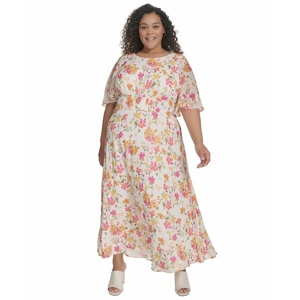 カルバンクライン レディース ワンピース トップス Plus Size Floral-Print Flutter-Sleeve Maxi Dress Berry Multi