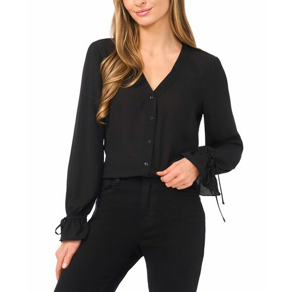 セセ レディース カットソー トップス Women's V-Neck Button Down Lace Flounce Trim Top Rich Black