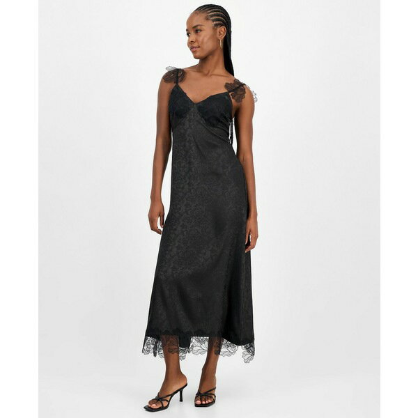 アンド ナウ ディス レディース ワンピース トップス Women's Lace-Trim Jacquard Slip Dress, Macy's Exclusive Black