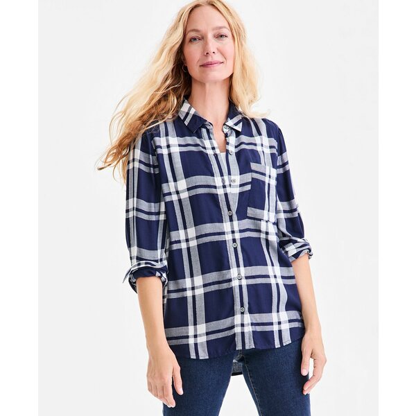 スタイルアンドコー レディース カットソー トップス Petite Festive Plaid Perfect Long-Sleeve Shirt, Macy's Exclusive Sarah Indigo Blue