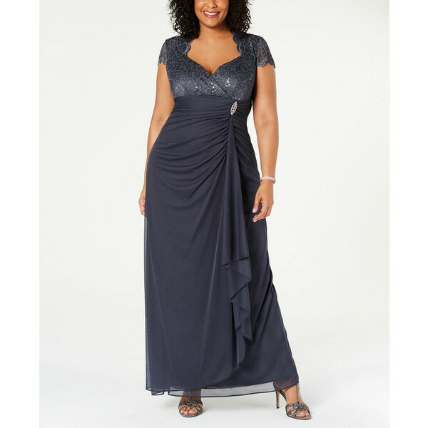 ٥åĥ   ǥ ԡ ȥåץ Plus Size Sequined-Lace Ruched Gown Charcoal Gray