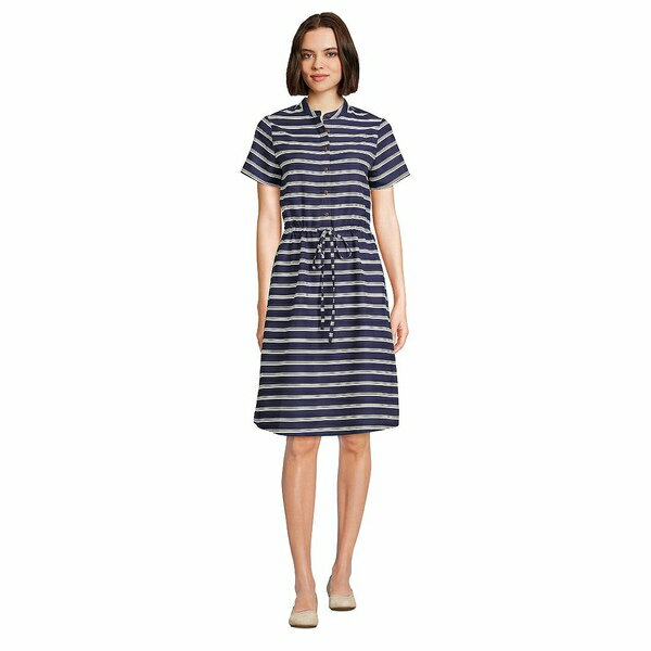 󥺥 ǥ ԡ ȥåץ Women's Rayon Short Sleeve Button Front Dress Deep sea navy founders stripe