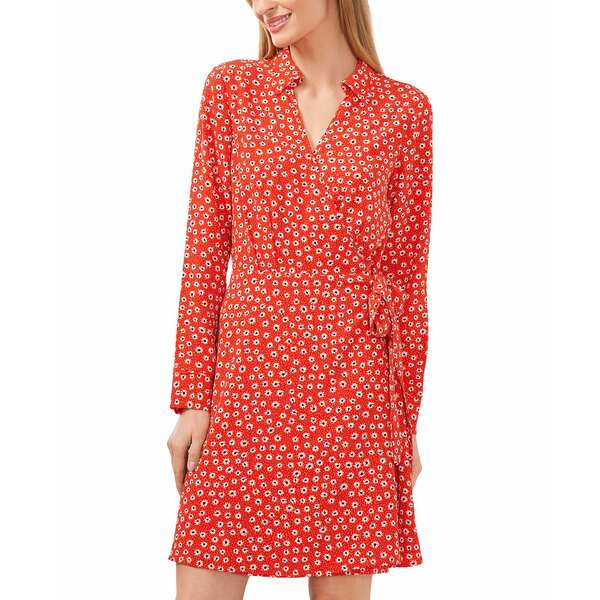 セセ レディース ワンピース トップス Women's Printed Collared Faux Wrap Long Sleeve Dress Candy Apple 3