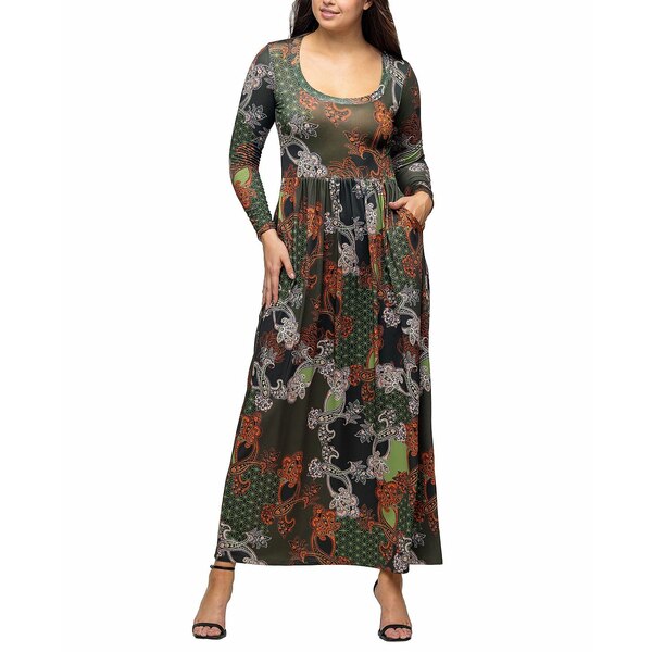 24セブンコンフォート レディース ワンピース トップス Women's Green Long Sleeve Empire Waist Pocket Maxi Dress Green Multi