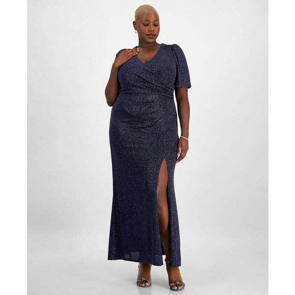 アレックスイブニングス レディース ワンピース トップス Plus Size Metallic-Knit Surplice-Neck Gown Navy Gold